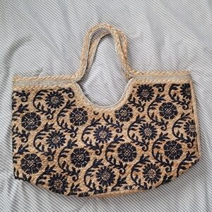 Olivia Miller Natural Straw Tote with Black Floral Pattern